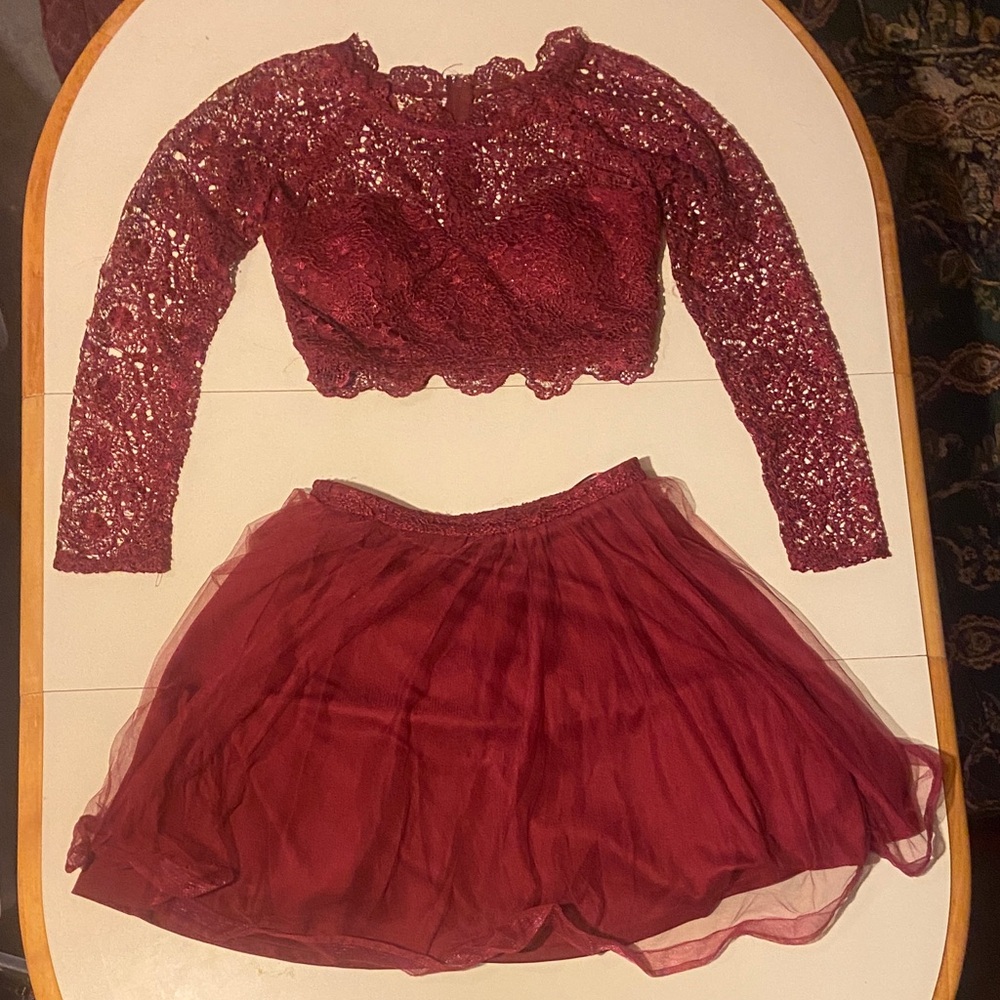 PromGirl Burgundy Lace Two-Piece Prom Dress